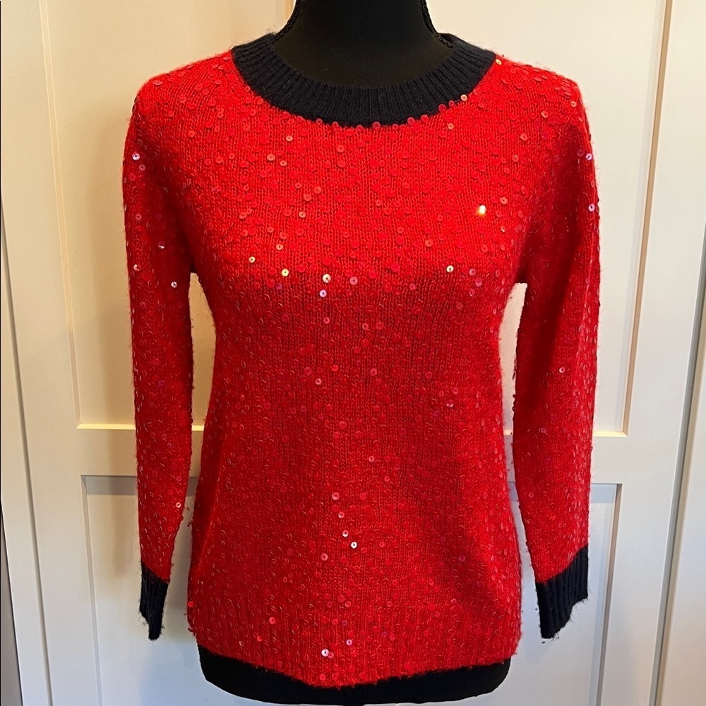 J. Crew Sparkling Red Sweater with Navy Accents Size S